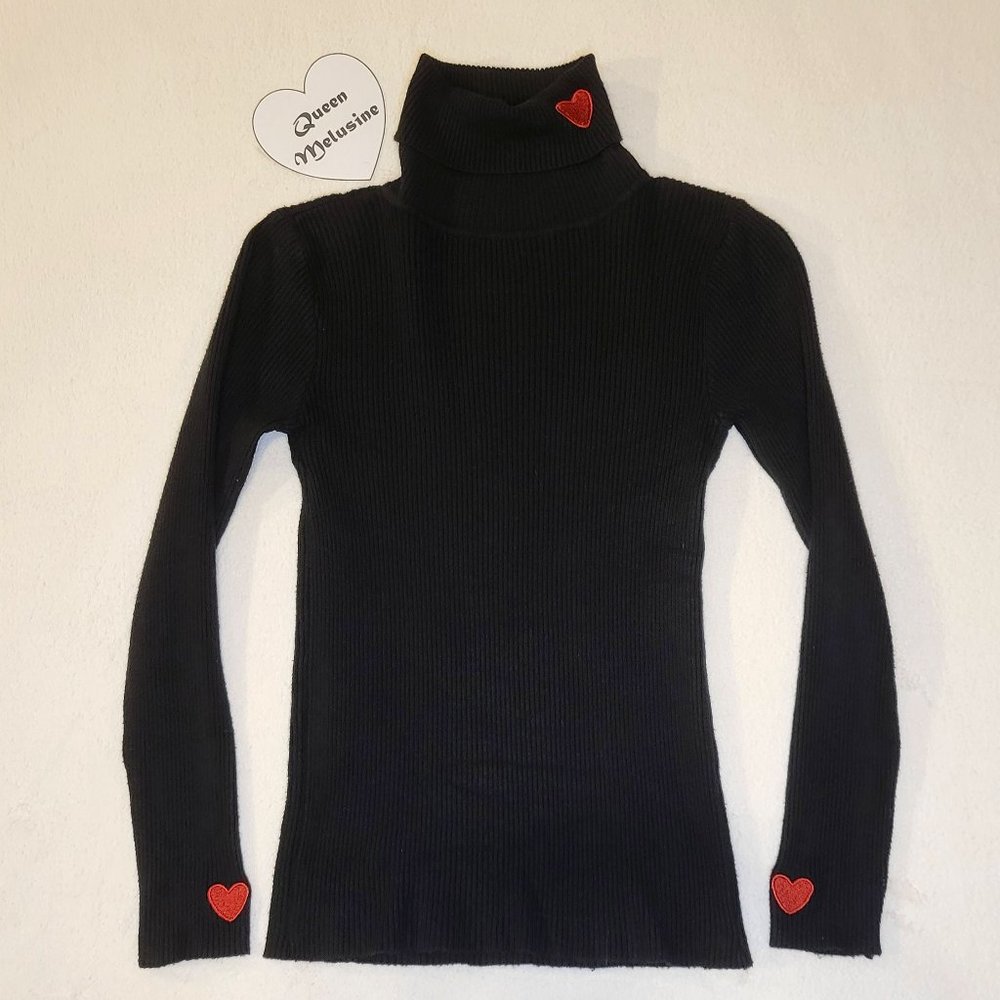 Black Turtleneck with Red Heart Appliques